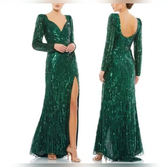 Mac Duggal Metallic VNeck Gown Forest Green Size 6 - Picture 2 of 2